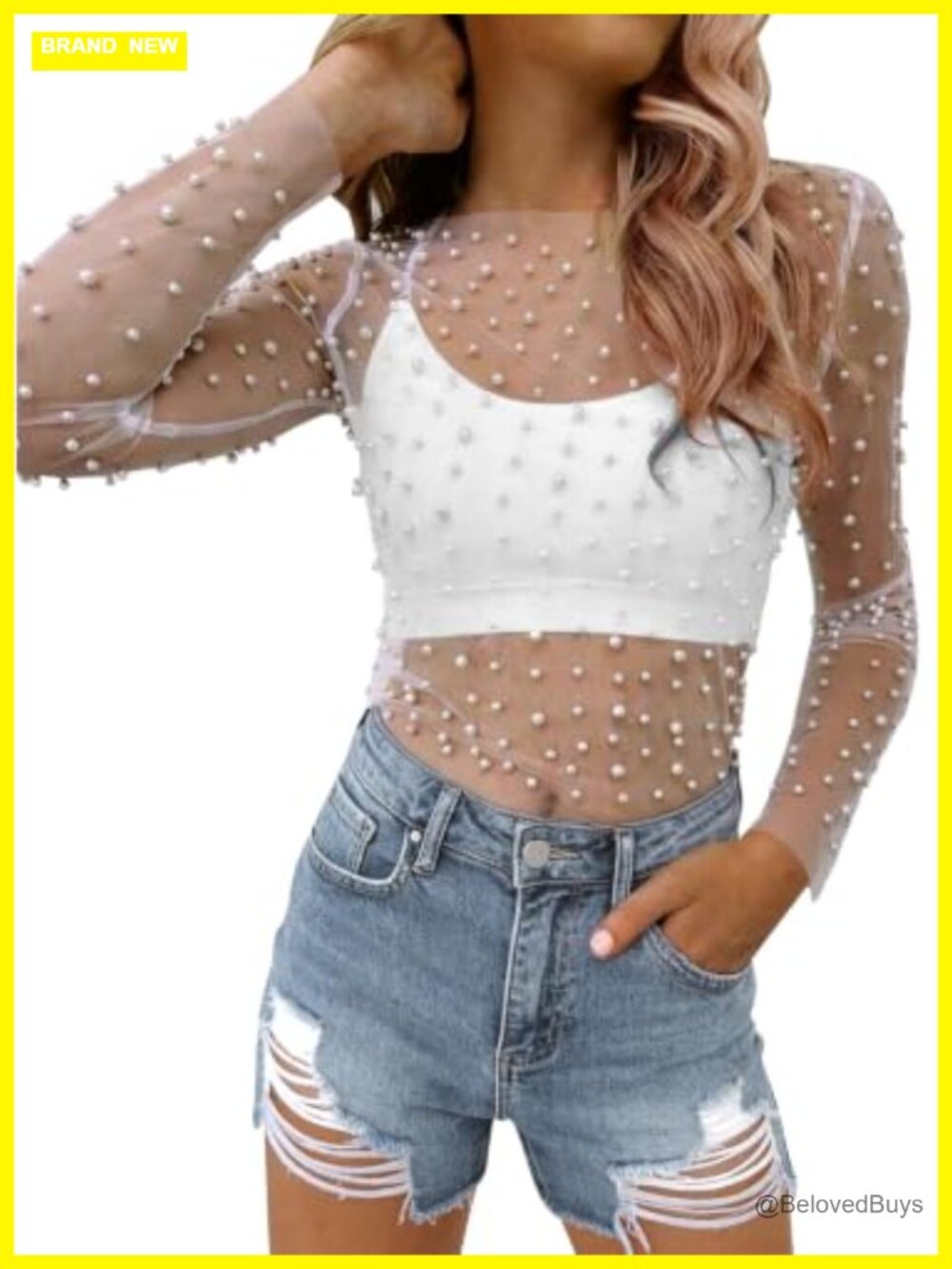 Pearl Mesh Crop Top Long Sleeve Rhinestone Sheer Tee